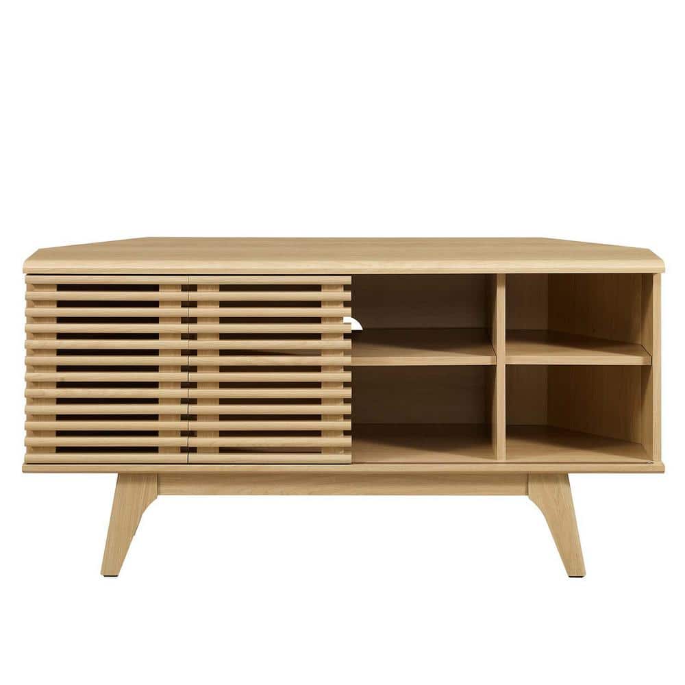 Oak Mid-Century Modern Corner TV Stand with Cabinet