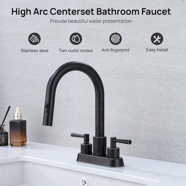 4 in. Centerset Double Handle High Arc Bathroom Sink Faucet with Pull Out Sprayer and Pop Up Drain in Oil Rubbed Bronze