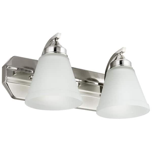 Sunlite 17 in. 2-Light Brushed Nickel Bath Vanity Light Fixture with Bell Shape Frosted Glass Shade