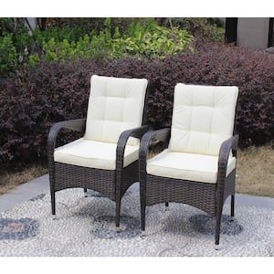 2-Piece Wicker Outdoor Dining Chairs with Cushions (Beige Cushion)