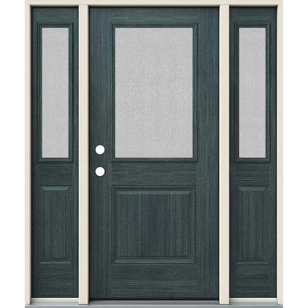 JELD-WEN 60 in. x 80 in. Right-Hand 1/2 Lite Streamed Ripple Glass Denim Steel Prehung Front Door with Sidelites