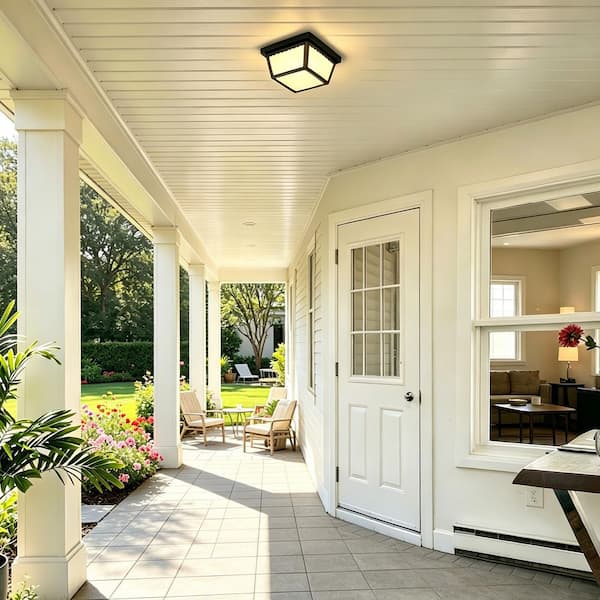 Classic 2-Light Black Outdoor Flush Mount Ceiling Light with Frosted Glass Shade,9.3 in., No Bulb Included