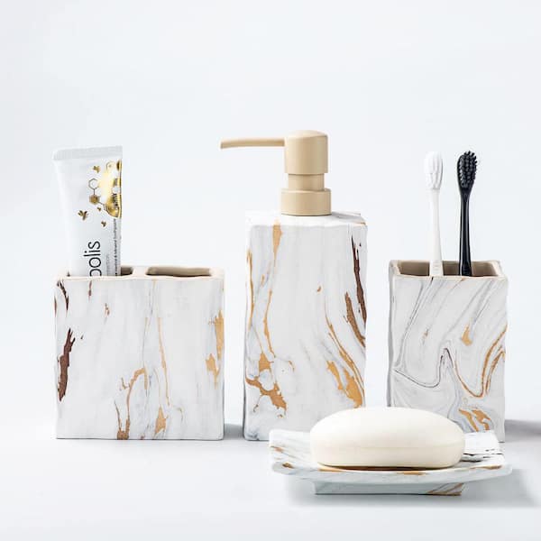 Dracelo 4-Piece Bathroom Accessory Set with Soap Dispenser, Tumbler, Soap Tray, Toothbrush Holder in Marble Gold