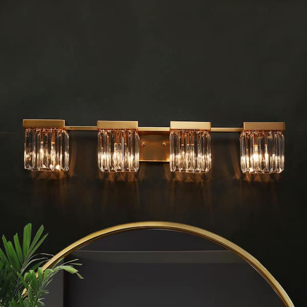 LNC Modern Plating Brass Bathroom Crystal Vanity Light Contemporary 31.5 in. 4-Light Square Decorative Wall-mounted Sconce