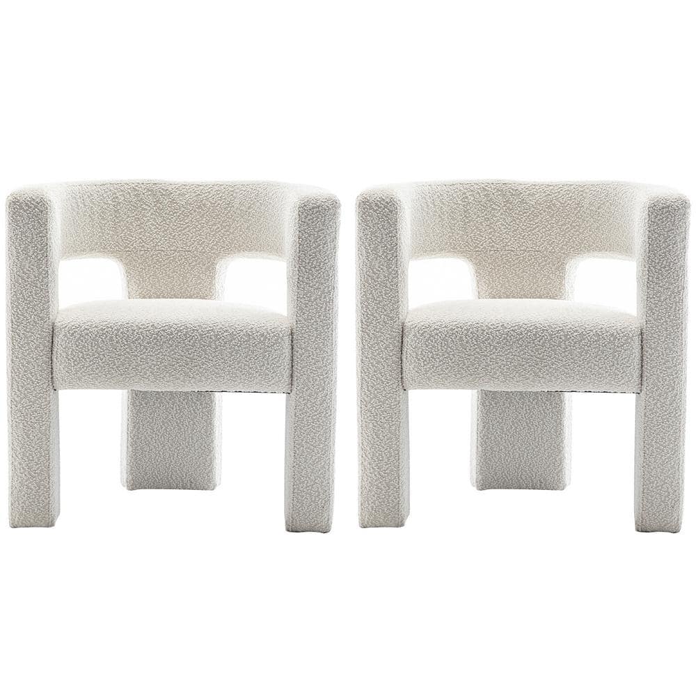 Set of 2 Cream Boucle Barrel Accent Chairs with Wood Frame