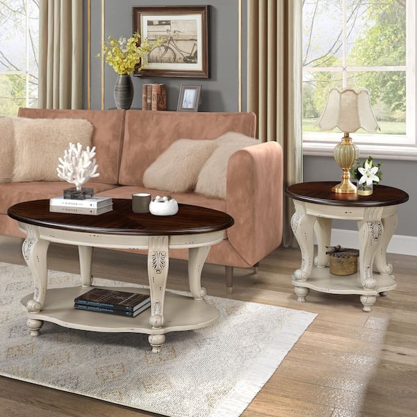 Henley 22 in. Beige Round Wood End Table with Open Shelf