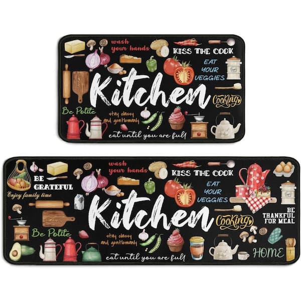 Black 17 in. x 30 in. Indoor Kitchen Decor Rugs Set