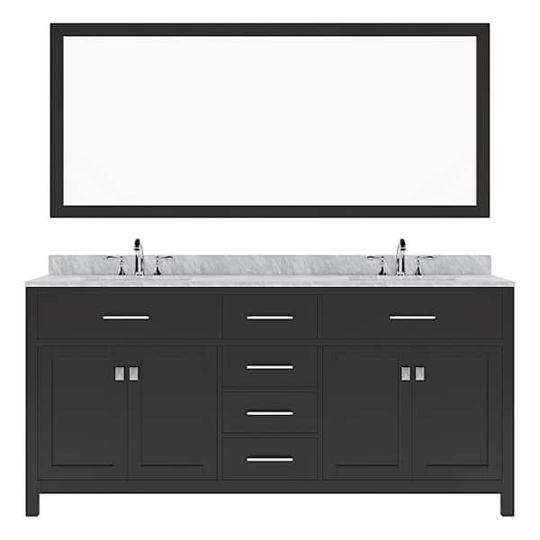 Virtu USA Caroline 72 in. W x 22 in. D x 34 in. H Double Sink Bath Vanity in Espresso with Marble Top and Mirror