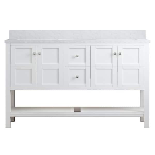 VANITYFUS Solid Wood 60 in. W x 22 in. D x 39.3 in. H Double Sinks Bath Vanity in White with Carrara White Natural Marble Top