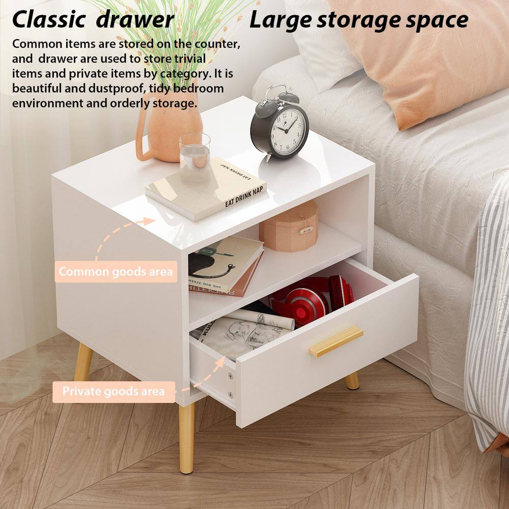 White Particle Board Nightstand with Drawer and Open Compartment
