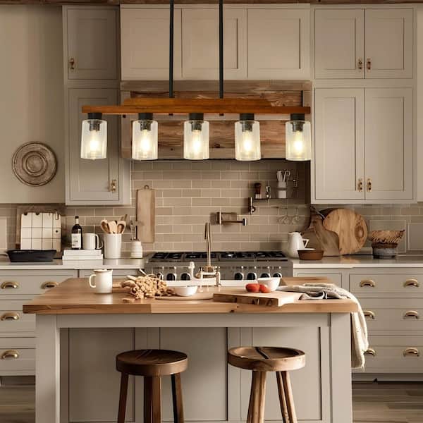 5 light Dining Room Pendant Light Black Rustic Chandelier with Seeded Glass Shades for Kitchen Island