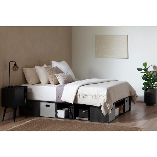 South Shore Gray Oak, Flexible Platform Bed with Storage and Baskets
