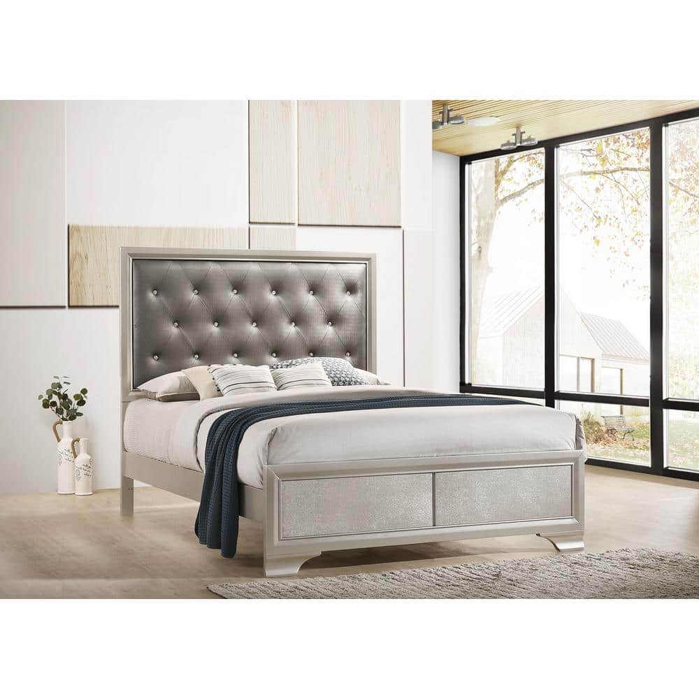 Silver Faux Leather Queen Upholstered Bed with Tufted Headboard