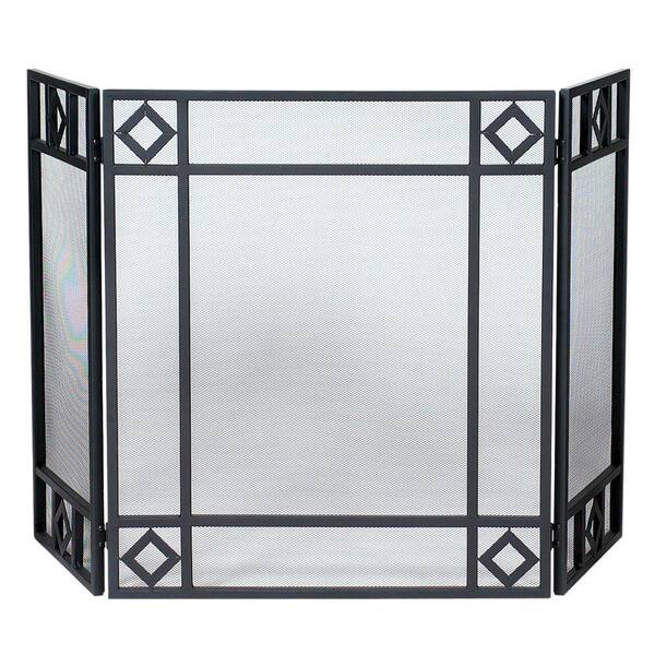 UniFlame Black Wrought Iron 52 in. W 3-Panel Fireplace Screen with Diamond Design and Heavy Guage Mesh