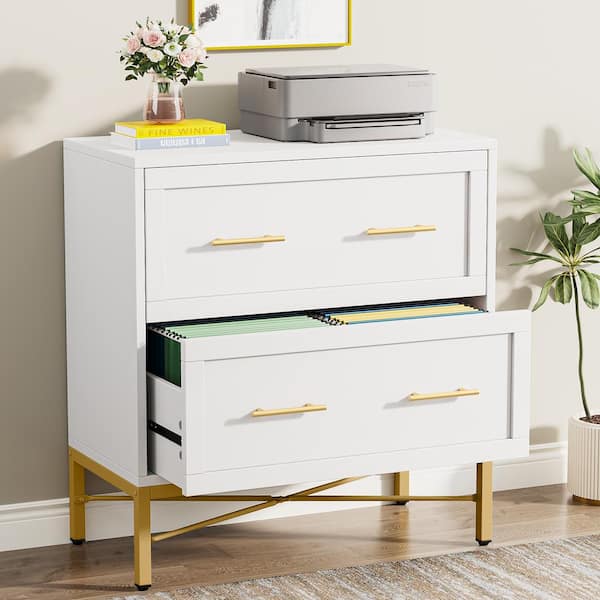 BYBLIGHT Atencio 2-Drawer White Wood 32 in. W Lateral File Cabinet for Letter/Legal/A4 Size, File Storage Cabinets Printer Stand