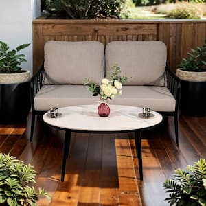 2-Piece Aluminum Outdoor Loveseat with Gray Cushions, Oval Coffee Table with White Carrara Marble-Look