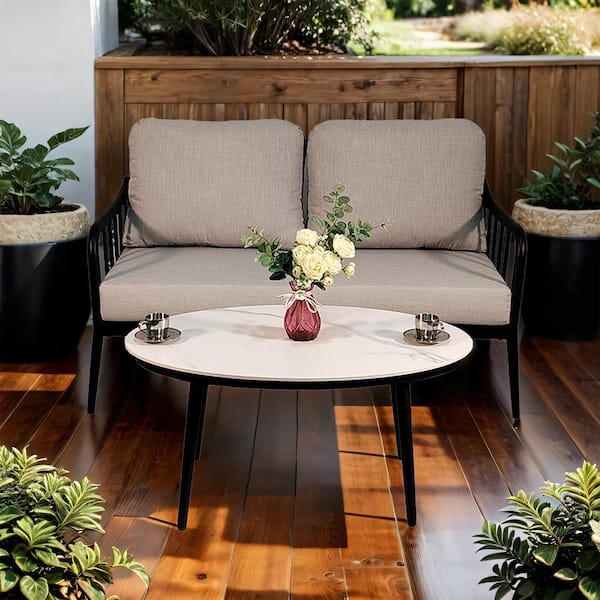 2-Piece Aluminum Outdoor Loveseat with Gray Cushions, Oval Coffee Table with White Carrara Marble-Look