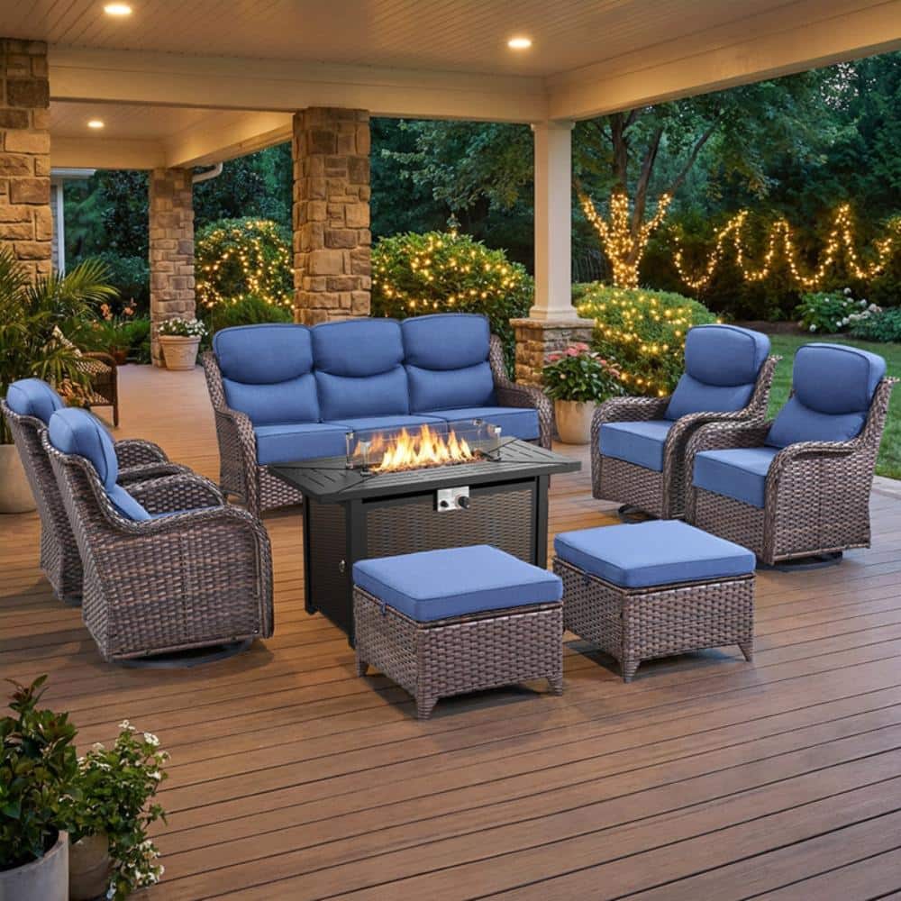 NovaSwivel 8PCS Brown Wicker Patio Conversation Set with Outdoor Swivel Gliders with Fire Pit and 6 in. Blue Cushions price history on PriceWatchPro