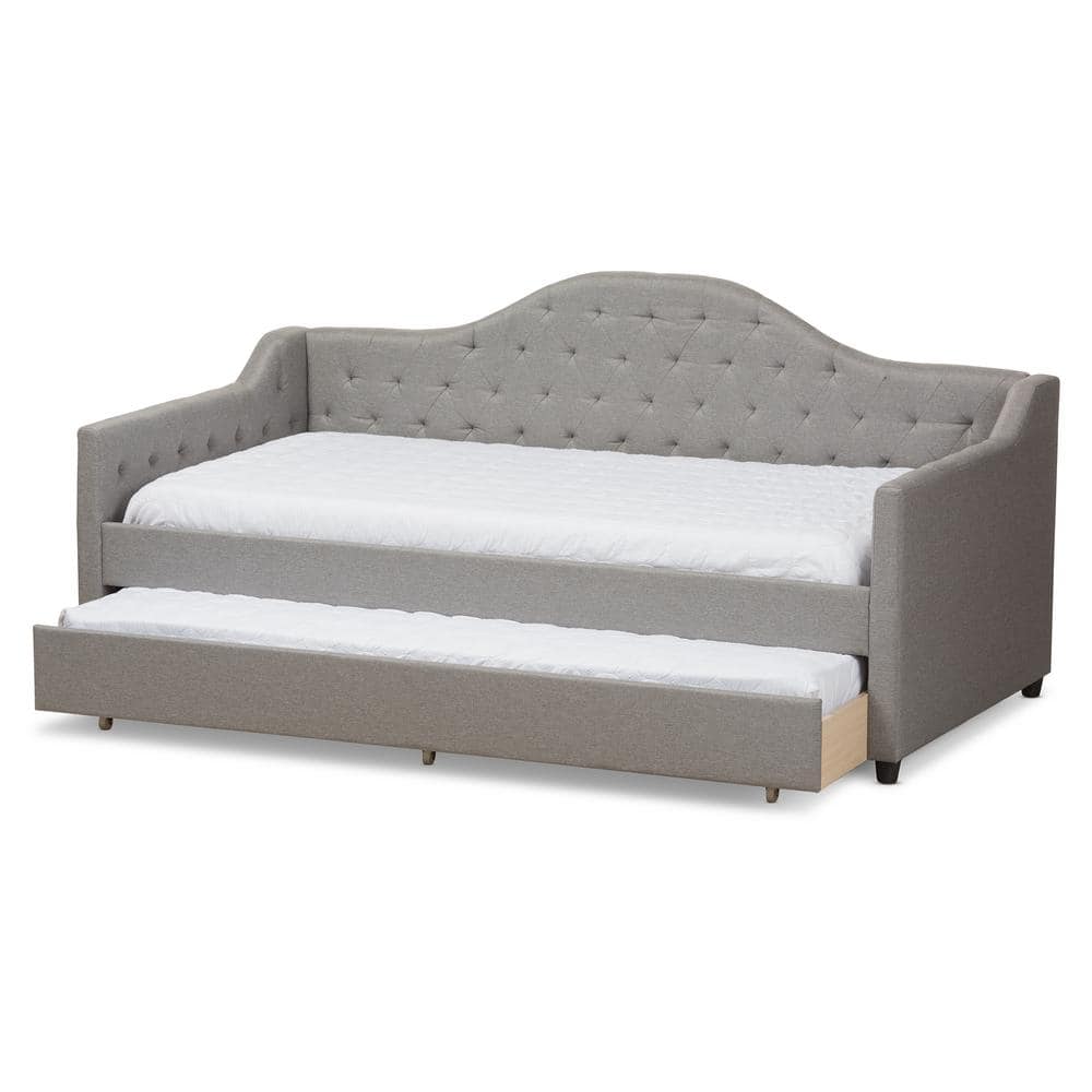 Light Gray Twin Upholstered Daybed with Tufted Headboard and Trundle