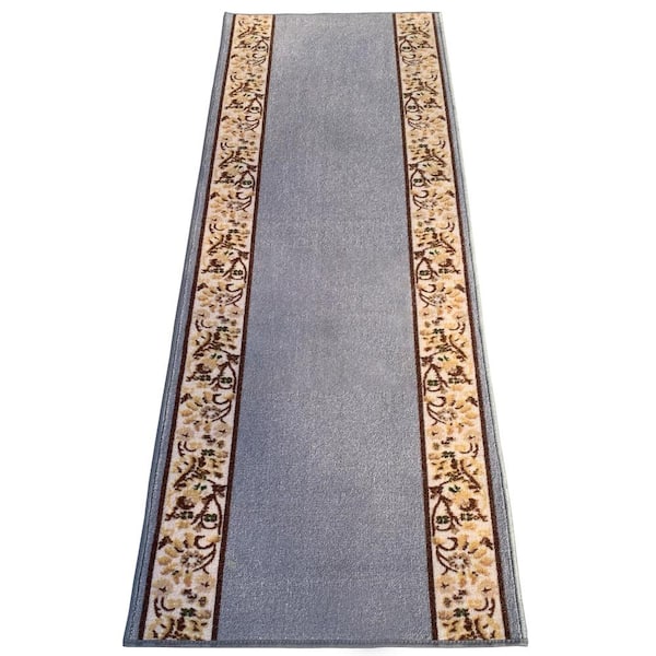 PLAYA RUG Flower Bordered Gray Color 26 in. Width x Your Choice Length Custom Size Roll Runner Rug/Stair Runner