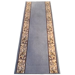 Flower Bordered Gray Color 26 in. Width x Your Choice Length Custom Size Roll Runner Rug/Stair Runner