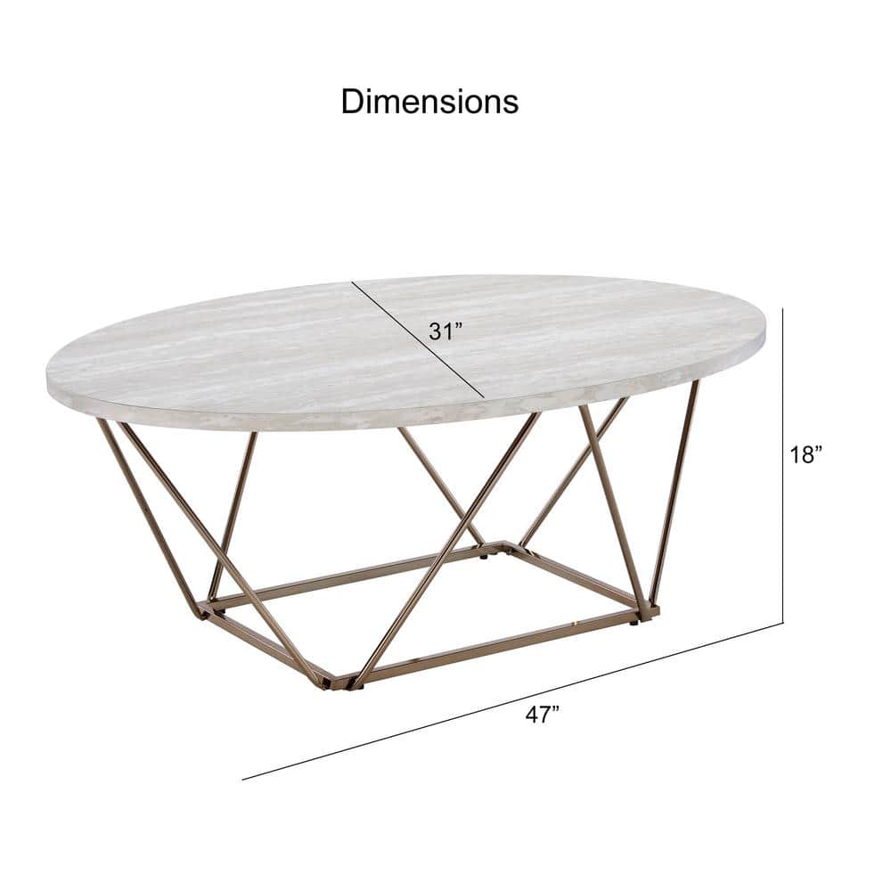 Champagne Gold and White Oval Coffee Table with Faux Marble Top
