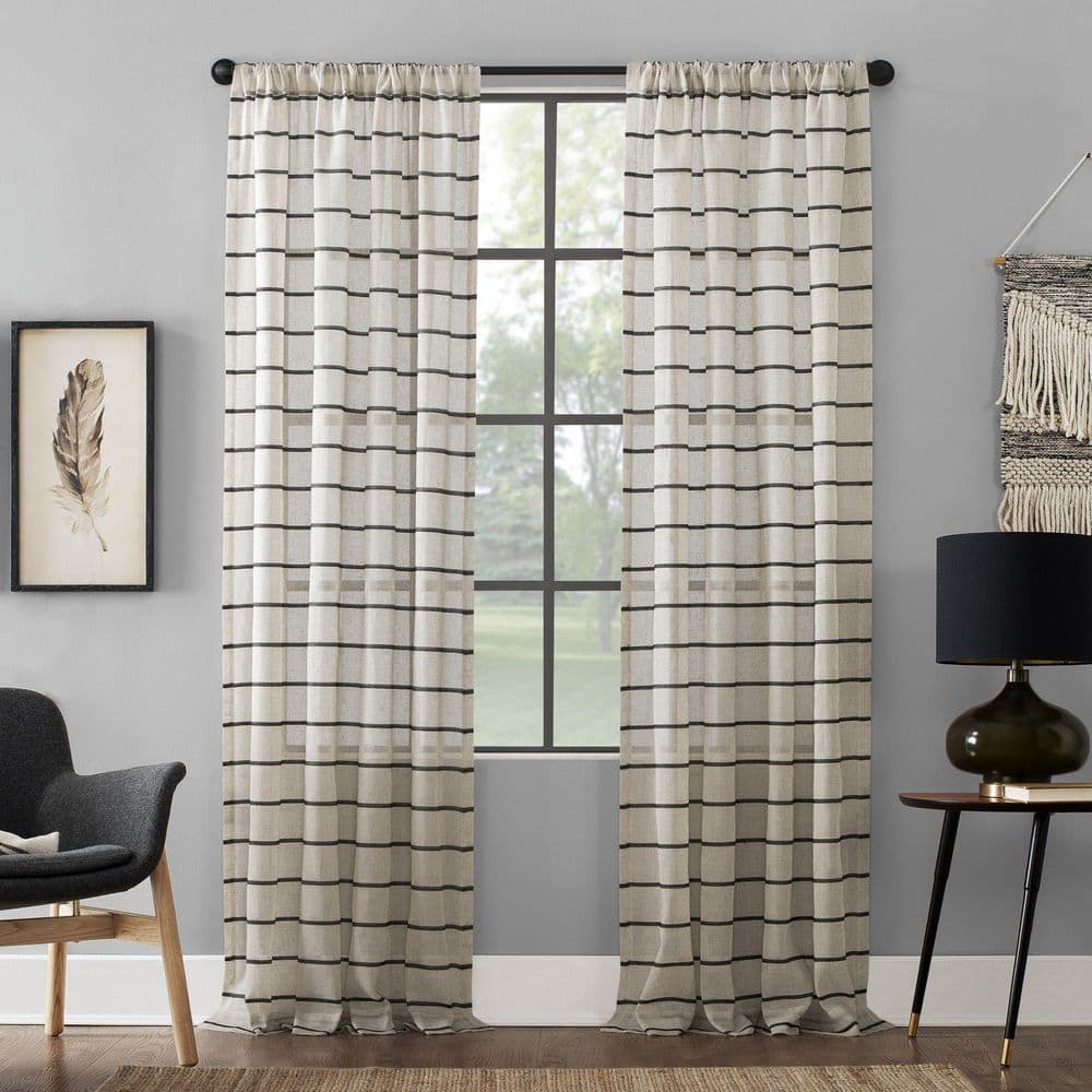 Black and Linen Stripe Sheer Rod Pocket Curtain Panel, 52" x 84"