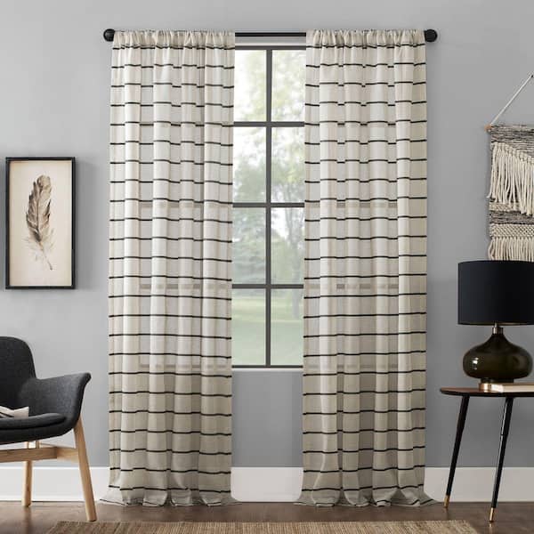 CLEAN WINDOW Aso Twill Stripe Linen Blend 52 in. W x 95 in. L Sheer Rod Pocket Curtain Panel in Black/Linen