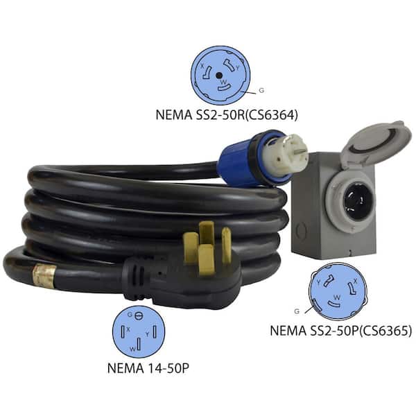 Conntek 25 ft. 6/3+8/1 50 Amp DUO-RainSeal Kit NEMA 14-50P 4-Prong Temporary Power Cord with Power Inlet Box