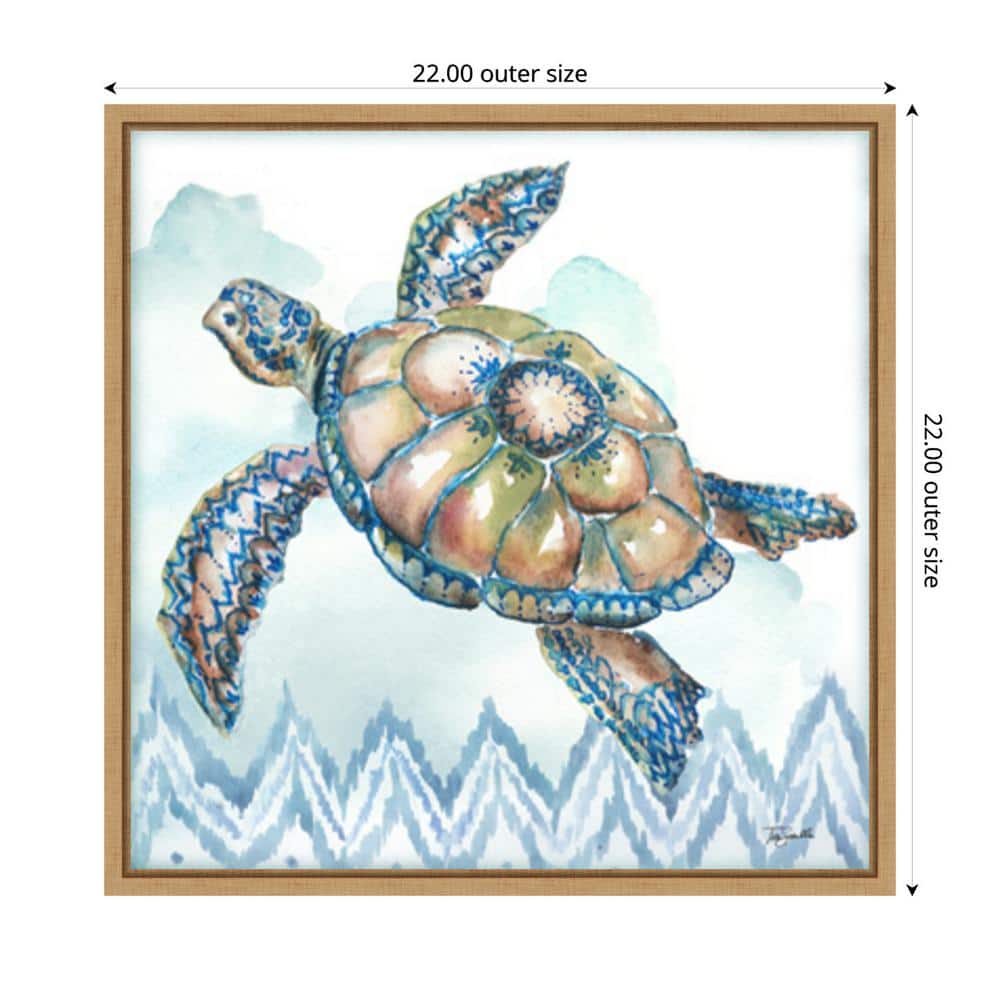 Boho Shells I Sea Turtle Watercolor Canvas Print with Maple Frame