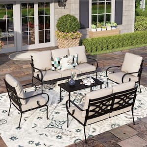 7 Seat 5-Piece Steel Black Metal Outdoor Patio Conversation Set with Beige Cushions, Table with Stripe-Shaped Top