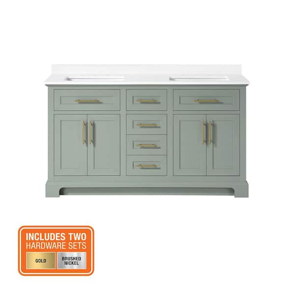 Doveton 60 in. Double Sink Sage Green Bath Vanity with White Engineered Stone Top (Assembled)