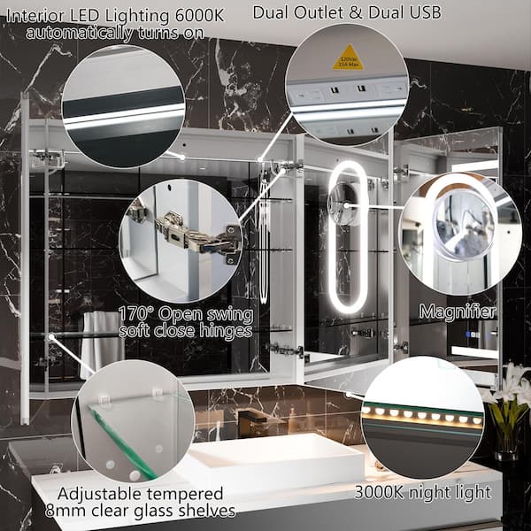 54 in. W x 36 in. H Rectangular Recessed/Surface Mount LED Medicine Cabinet w/ Mirror Light, 5X Magnifying,Outlet, USB