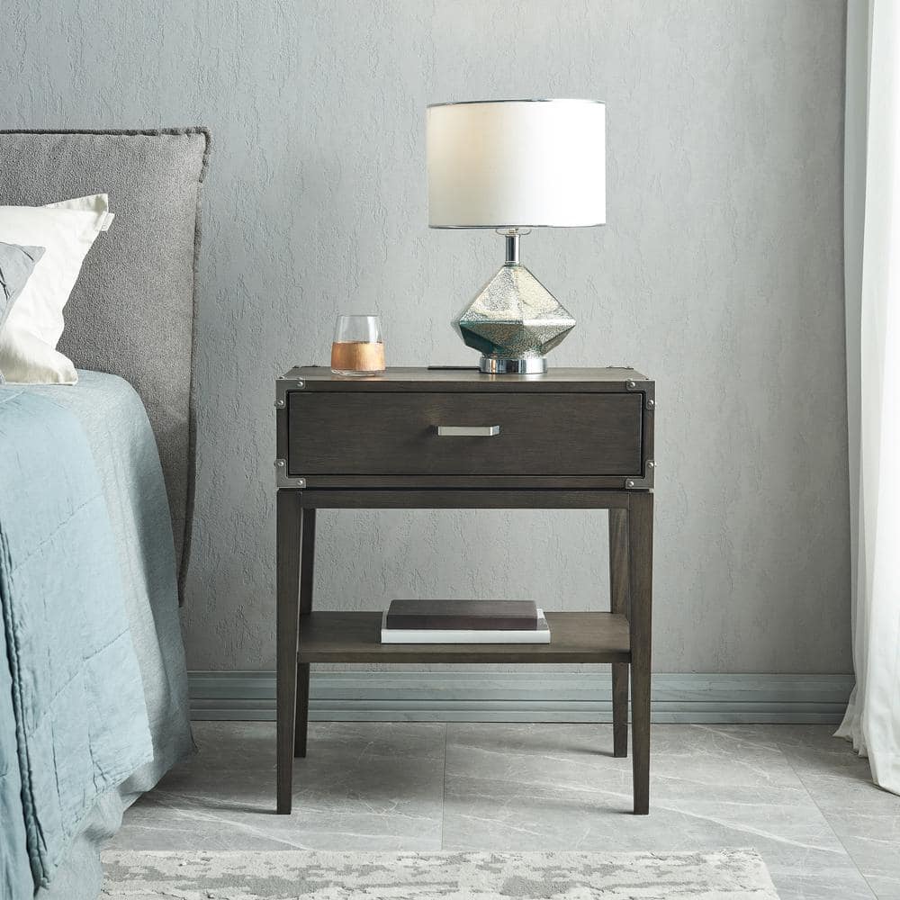 Beckett Anthracite Solid Wood Nightstand with USB Charging Port