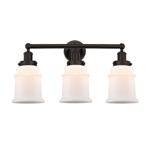 Canton 24 in. 3-Light Oil Rubbed Bronze, Matte White Vanity Light with White Glass Shade