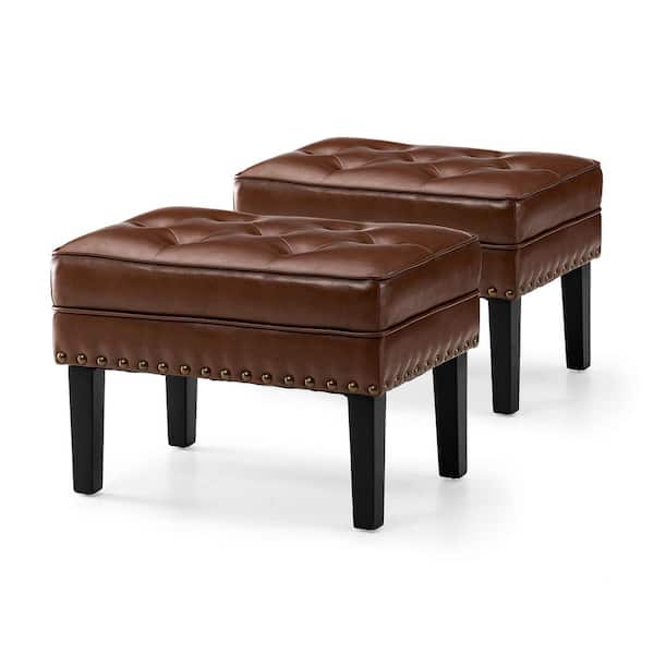Glitzhome Mid-Century Modern Coffee Leatherette Button-Tufted Accent Stool (Set of 2)