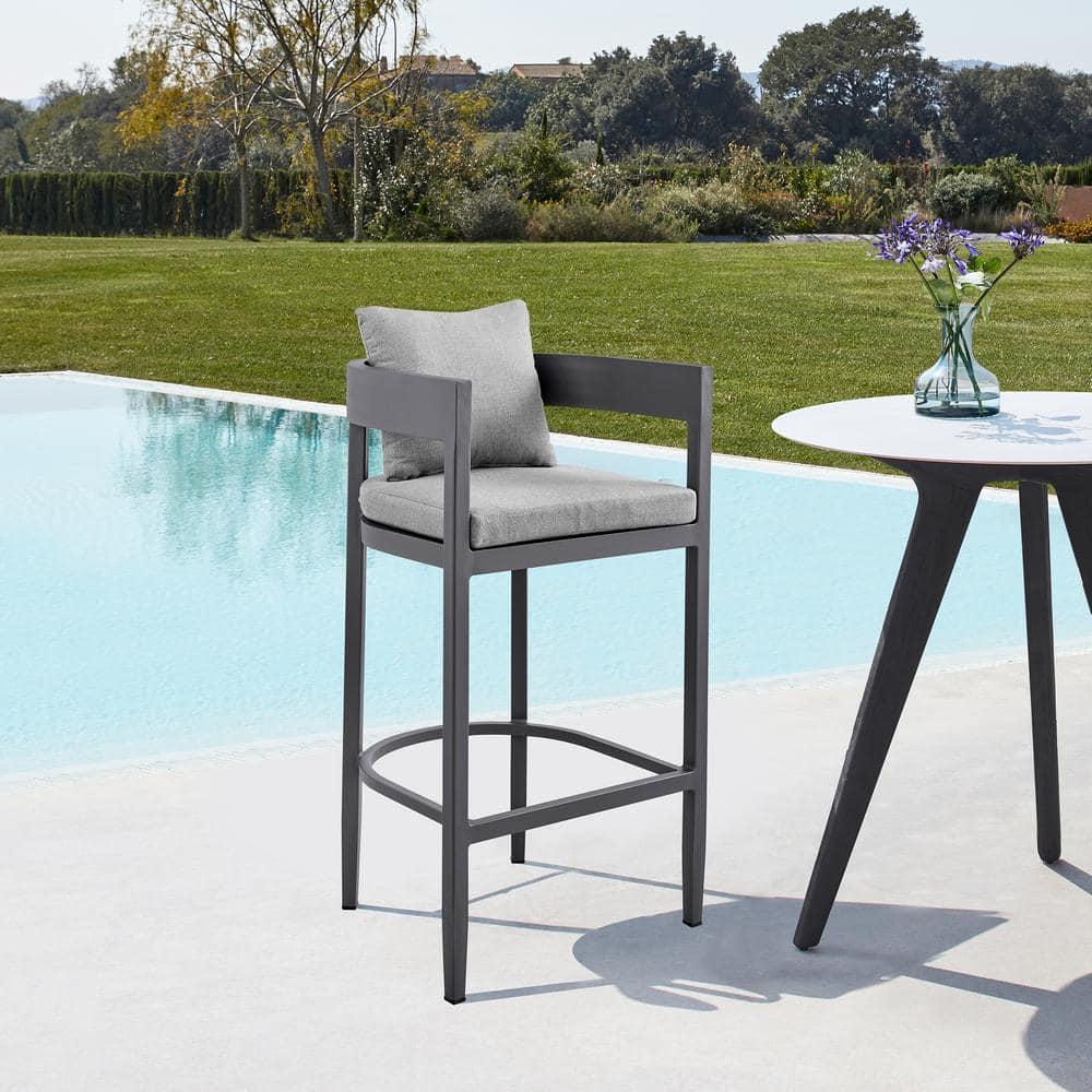 Argiope 30 in. Bar Height Aluminum Outdoor Bar Stool with Grey Cushions