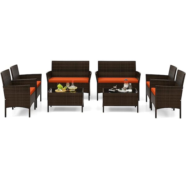 8-Piece Wicker Patio Conversation Set with Chair Loveseat and Tempered Glass Table Orange Cushions