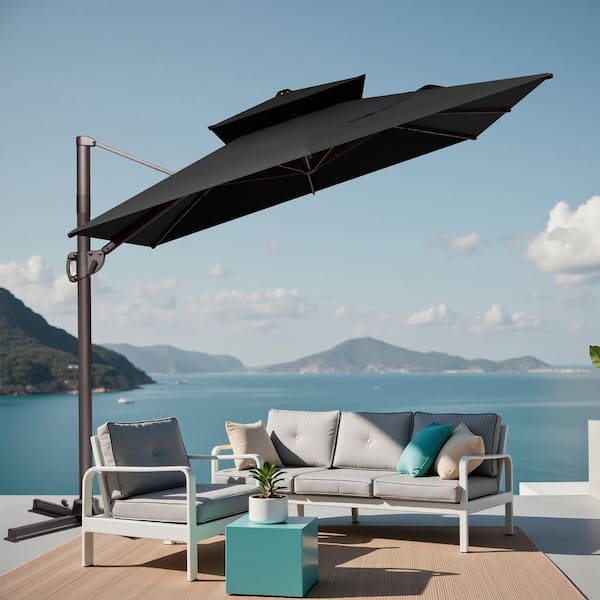 cloud mountain patio umbrella CLOUDFLY 11 ft. x 9 ft. Rectangle Outdoor Cantilever Umbrella with  360-degree Rotation and Cross Stand Patio Umbrella in Black 58PUBLK