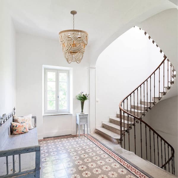 Hatfield 4-Light Bohemia Style Natural Wood Beaded Tiered Chandelier with Rope Accents