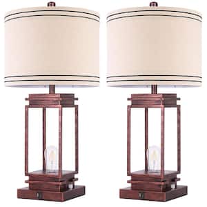 28 in. Red Bronze Table Lamp Set ((Set of 2)) Dimmable Farmhouse Table Lamps with Shape and USB Ports