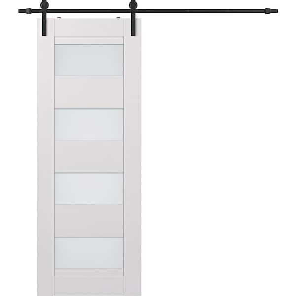 Della 32 in. x 84 in. 4 Lite Frosted Glass Bianco Noble w/Base Board Hidden Sliding Barn Door with Hardware Kit