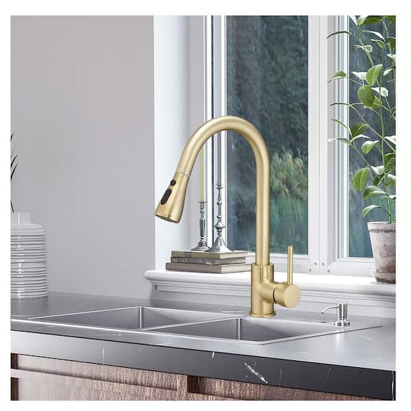 15.35 in. Single Handle Pull Out Sprayer Kitchen Faucet Commercial Kitchen Sink Faucets for RV, Laundry in Brushed Gold