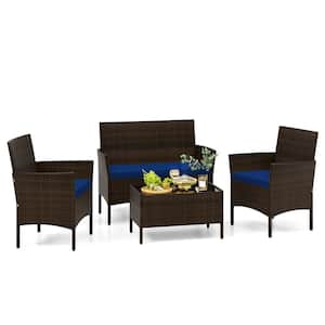 4-Piece Rattan Patio Conversation Set Outdoor Wicker Furniture Set with Tempered Glass Table Navy Cushions