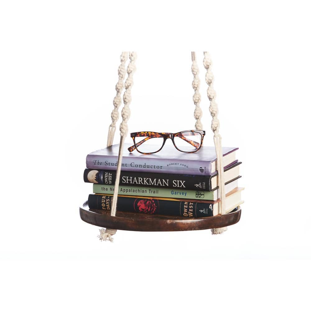 36" Stained Mango Wood Hanging Shelf with Jute Hanger