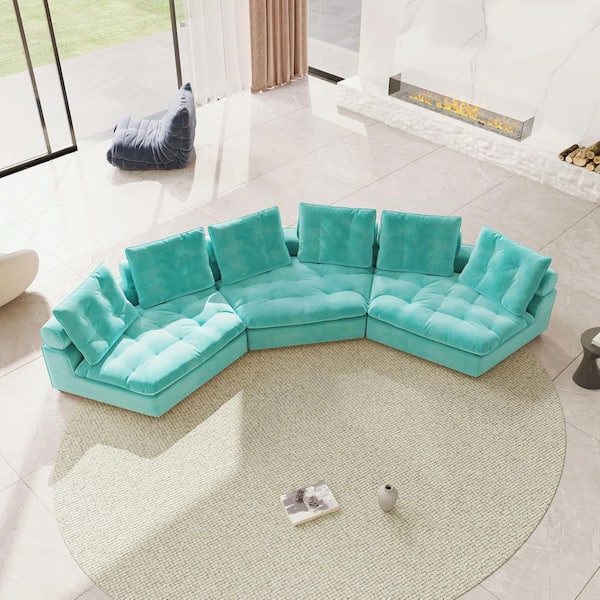 Magic Home 130 in. Square Arm Rectangle 3-Seater Frosted Velvet Free Modular Sectional Sofa in Aqua blue