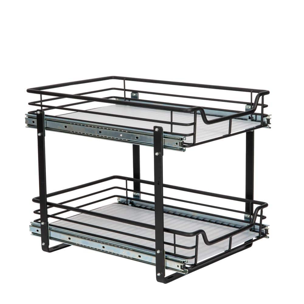 Black Dual-Slide 2-Tier Steel Storage Organizer with Plastic Liners