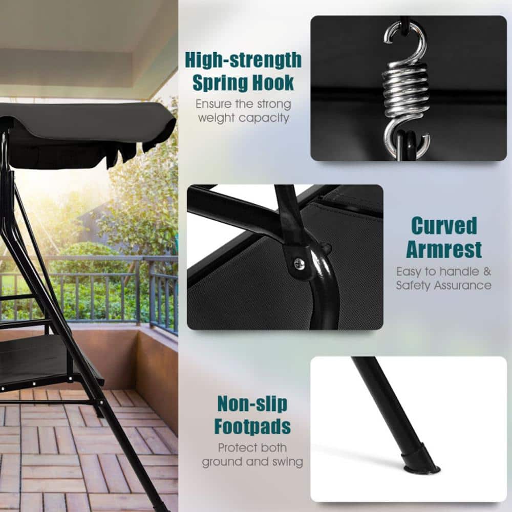 Black Powder Coated Steel 3-Person Outdoor Patio Swing with Adjustable Canopy