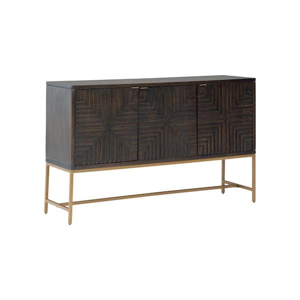 Benjara Brown and Gold Wood Top 58 in. Sideboard with 3 Doors, Bar Handles