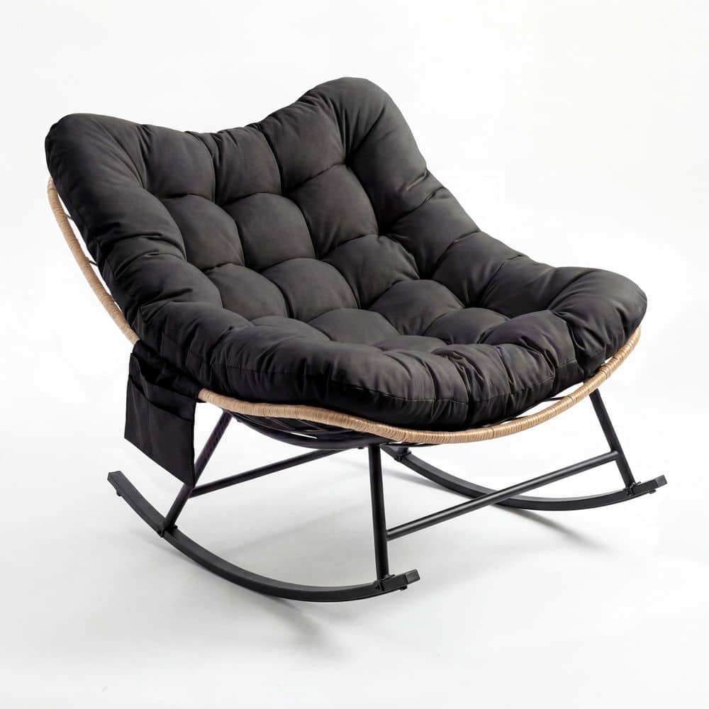 Yellow Durable Rope PE Rattan Wicker Black Alloy Steel Outdoor Rocking Chair with Black Cushions for Backyard price history on PriceWatchPro